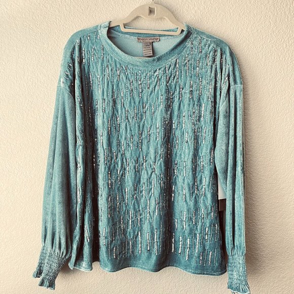 Sharon Young Womens Long Sleeve Sequins Pullover Velvet Top Size Large NWT - Picture 1 of 6